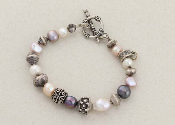 Unbranded Jewelry - Sterling Silver Pink, White, Grey Pearl Bali Bracelet Add Charm 7 1/2" inch